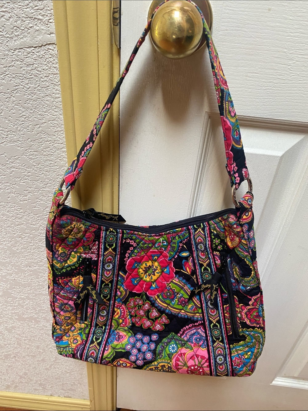 Vera Bradley Black Quilted Shoulder Bag with Multicolor Floral Print